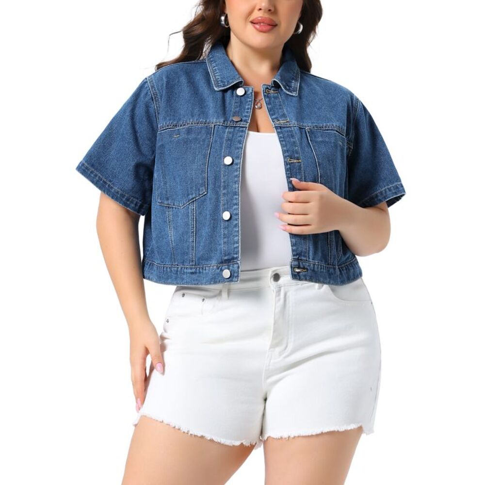 Women's Plus Size Short Sleeve Button Cropped Denim Jackets Blue
